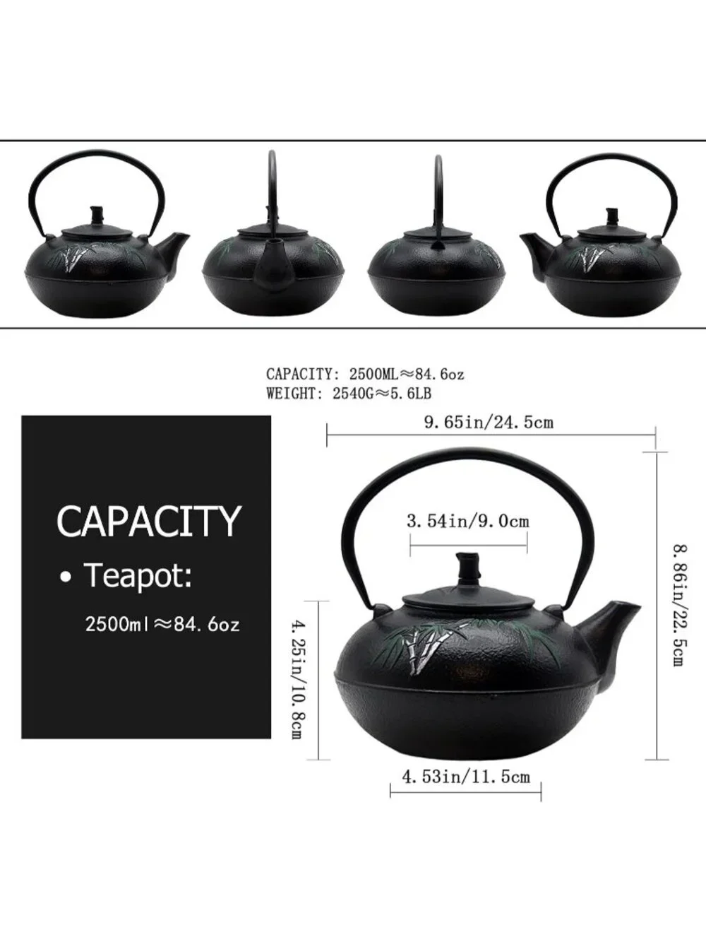 Black Cast Iron Kitchen Japanese Tea Pot 84.6oz 2500ml Stovetop Bamboo Infuser